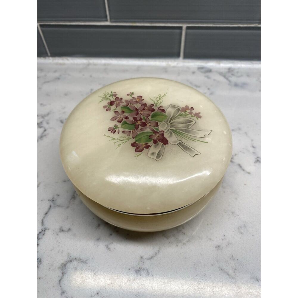 Vintage! Himark Designed Pink Alabaster Giftware Trinket Box Purple Lilies Italy